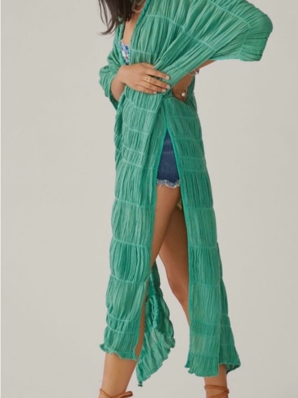 Anthropologie Maeve Ruched Side-Slit Kimono Green Smocked Top Sz OS - Picture 3 of 10